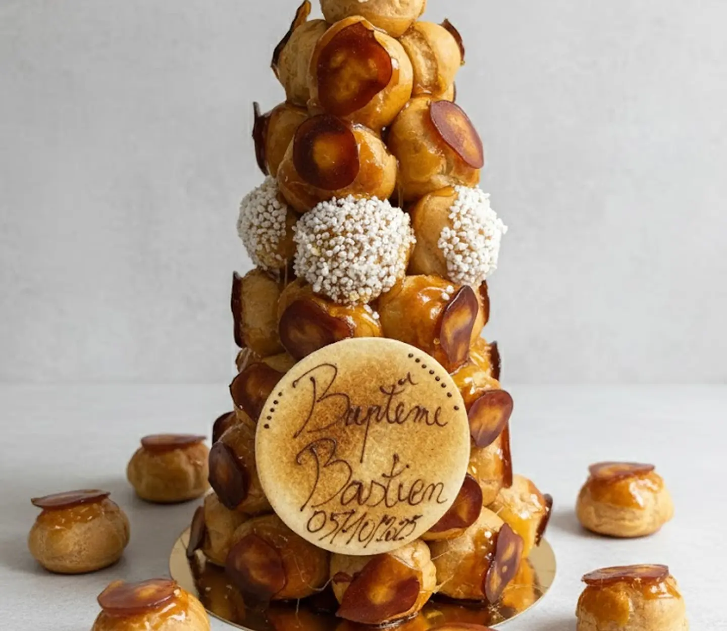 Pièce montée en forme de cône composée de choux caramélisés assemblés avec du sucre, décorée de choux enrobés de perles de sucre et d’un disque en pâte sablée portant l’inscription manuscrite “Baptême Bastien 05/10/2025”, posée sur un socle doré.