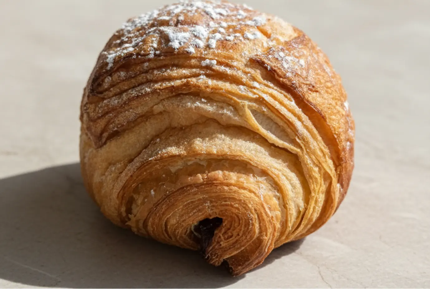 Pain au chocolat artisanal, doré et feuilleté, saupoudré de sucre glace, posé sur une surface claire.