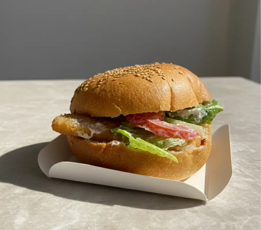 Burger au pain brioché parsemé de graines de sésame, garni d’un filet pané, de laitue croquante, de rondelles de tomate et de sauce blanche, servi dans une barquette en carton sur fond clair.