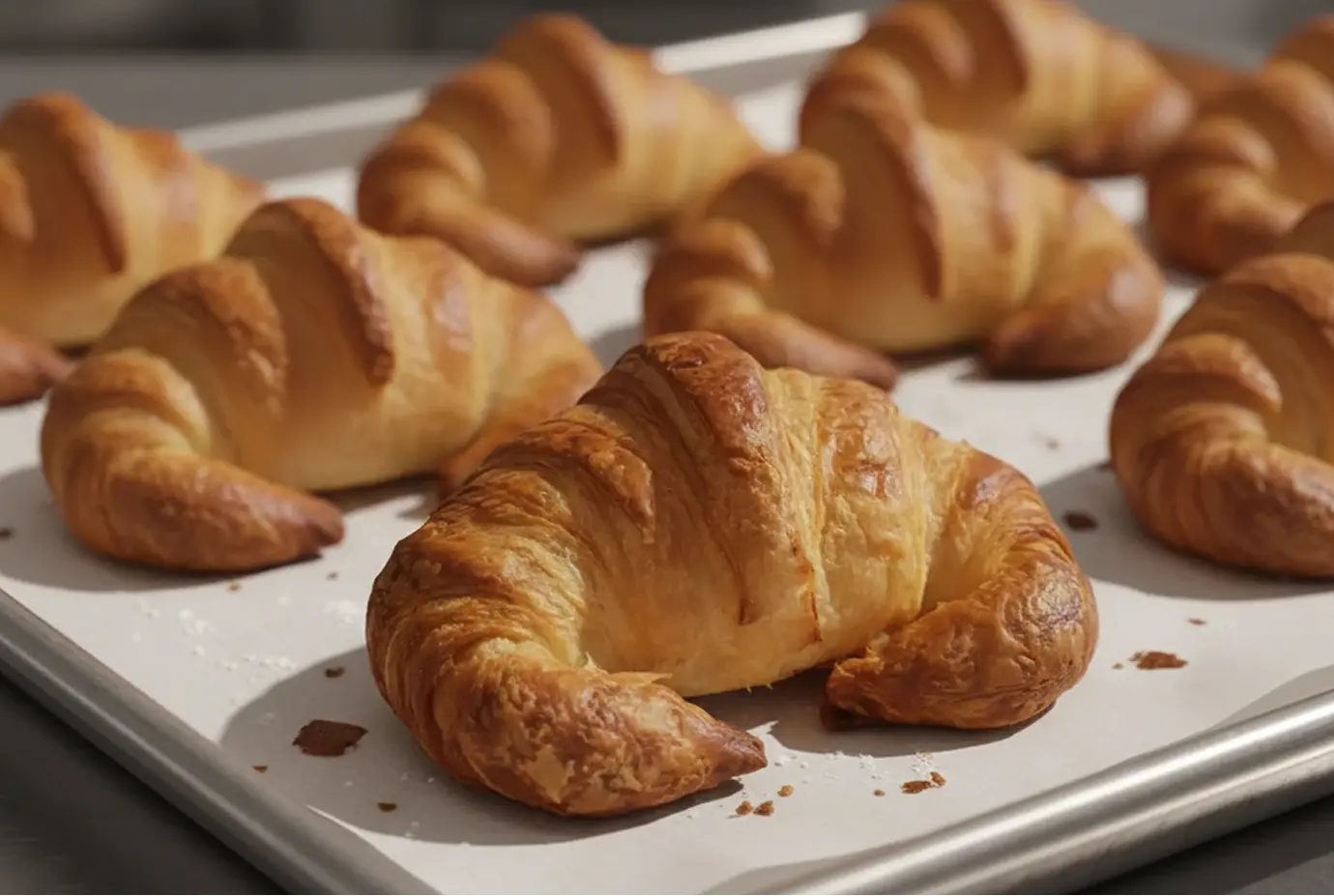 Plateau de croissants dorés tout juste sortis du four, à la pâte feuilletée bien levée et croustillante, disposés sur une plaque de cuisson recouverte de papier sulfurisé.
