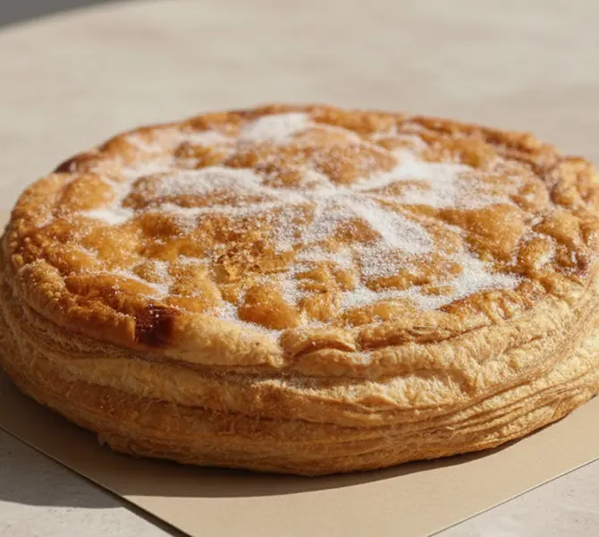 Galette ronde à la pâte feuilletée dorée, légèrement saupoudrée de sucre, avec un motif décoratif sur le dessus, posée sur un support cartonné clair.