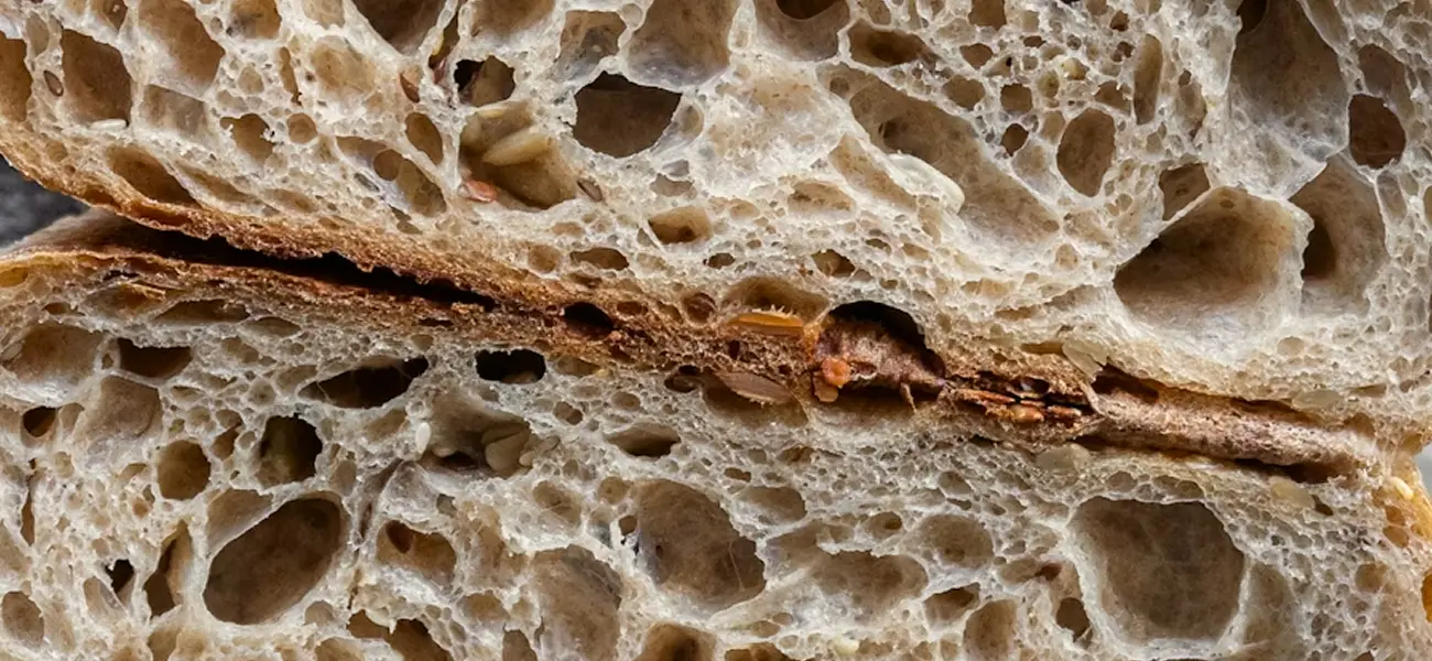 Gros plan sur la mie alvéolée d’un pain au levain, révélant une texture aérée, des graines entières et une croûte dorée légèrement caramélisée.