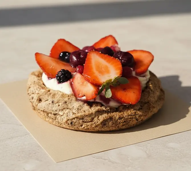 Petite tarte rustique sur base de biscuit aux graines, garnie de crème légère et de fruits rouges frais, dont fraises tranchées, mûres, myrtilles et cerises, posée sur un support cartonné clair.