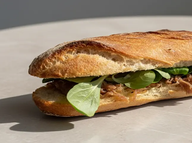Sandwich préparé dans une demi-baguette croustillante, garni de viande effilochée et de jeunes pousses de salade, posé sur une surface claire et éclairé par la lumière naturelle.