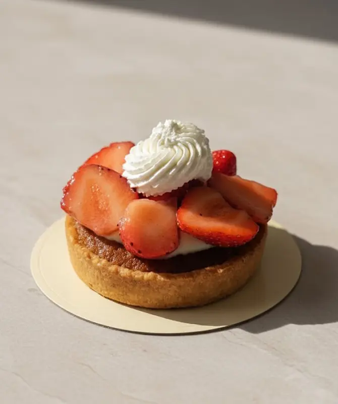 Tartelette individuelle garnie de fraises fraîches tranchées, sur une base de crème et de pâte sablée dorée, surmontée d’une rosette de chantilly, posée sur un support rond beige éclairé par la lumière naturelle.