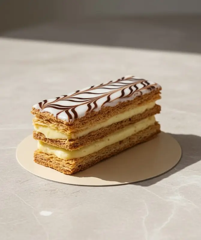 Millefeuille individuel composé de trois couches de pâte feuilletée dorée et deux couches de crème pâtissière vanillée, surmonté d’un glaçage blanc décoré de fines lignes de chocolat en motif marbré, posé sur un support rond beige.