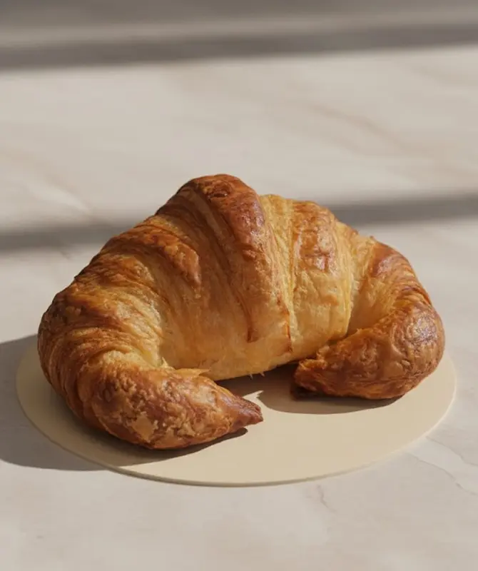 Croissant au beurre doré et feuilleté, présenté sur un support rond beige, éclairé par une lumière naturelle qui met en valeur sa texture croustillante.