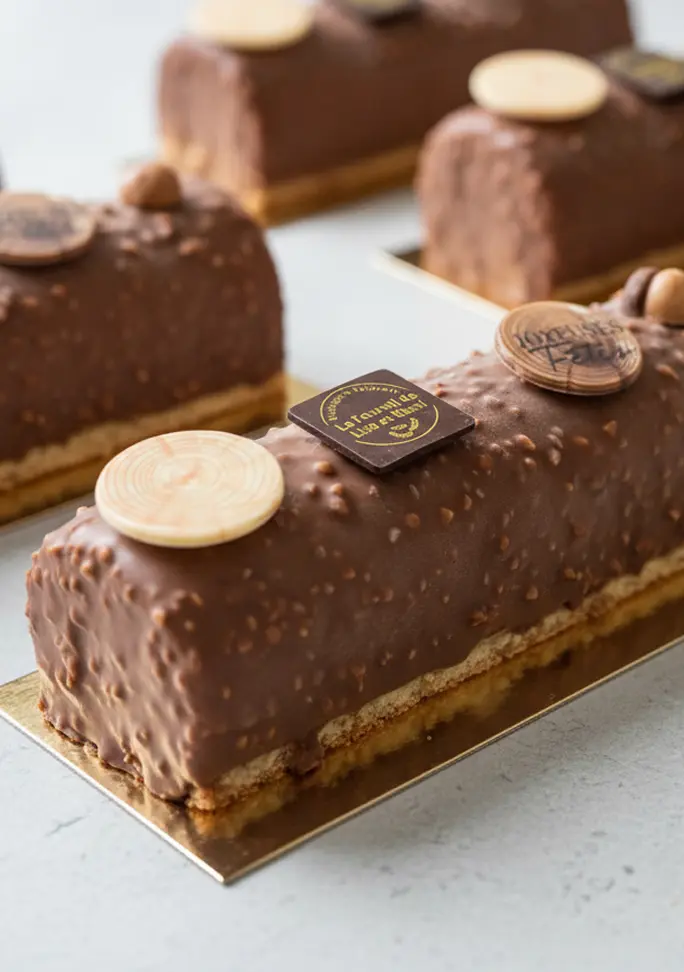 Bûches enrobées d’un glaçage chocolat au lait croquant avec éclats de noisettes, posées sur un socle doré et décorées de pastilles en chocolat imprimées et d’une noisette entière.