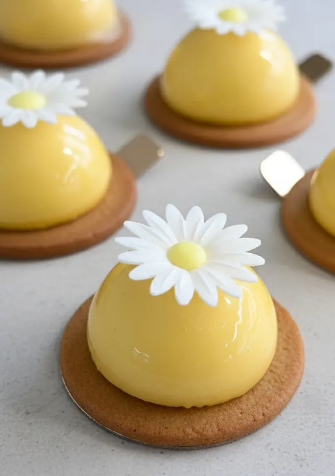 Petits entremets jaunes brillants en forme de dôme, posés sur un biscuit rond et décorés d’une marguerite comestible blanche avec cœur jaune, présentés sur un fond clair.