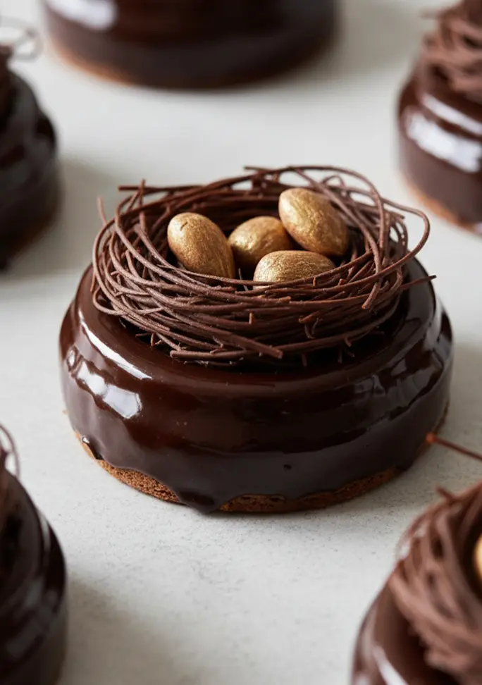 Entremets individuel au glaçage miroir chocolat, surmonté d’un nid en fins fils de chocolat noir contenant des œufs dorés en chocolat, posé sur une base biscuitée et présenté sur un fond clair.