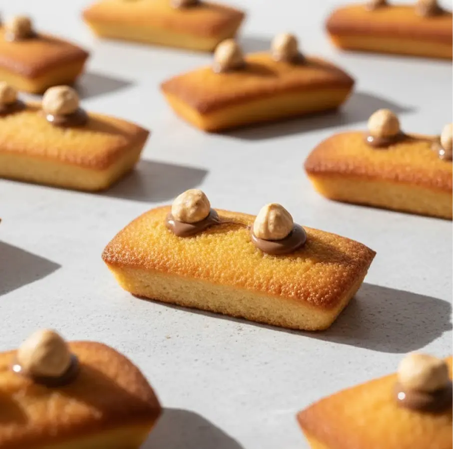 Alignement de petits gâteaux dorés de type financier, chacun garni de deux noisettes posées sur un point de pâte à tartiner au chocolat, sur une surface claire et éclairée par la lumière naturelle.