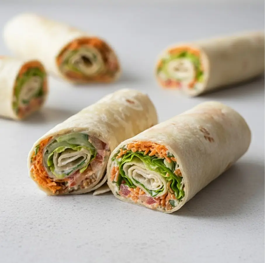 Wraps frais coupés en deux, garnis de laitue, carottes râpées, tomates et sauce, disposés sur une surface claire avec une présentation soignée et lumineuse.