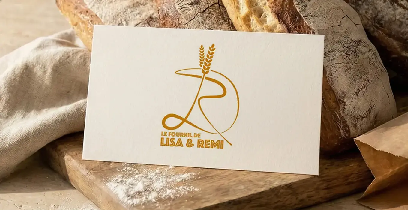 Carte avec le logo "Le Fournil de Lisa & Rémi", représentant un épi de blé stylisé formant les lettres L et R, posée sur une planche en bois avec de la farine et entourée de pains rustiques.